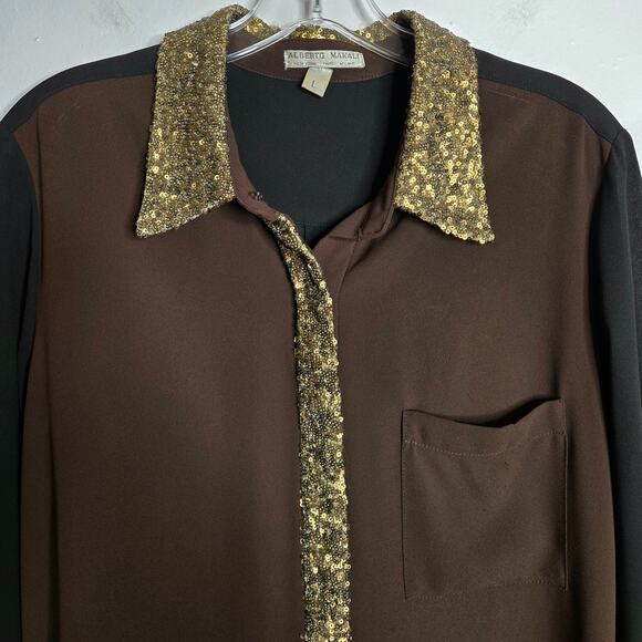 Alberto Makali  Black Brown Colorblock Blouse With Gold Sequin Trim Size L Chic - Picture 2 of 10